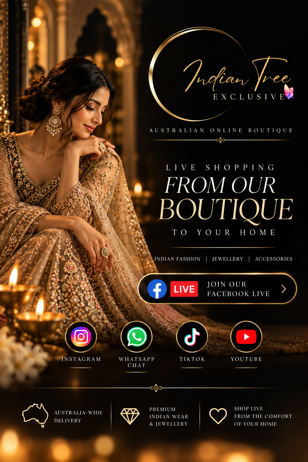 Indian Tree Exclusive Australian online boutique. Live shopping from our boutique to your home. Premium Indian fashion and jewellery. Join our Facebook Live. Instagram, WhatsApp Chat, TikTok, YouTube. Australia-wide delivery.